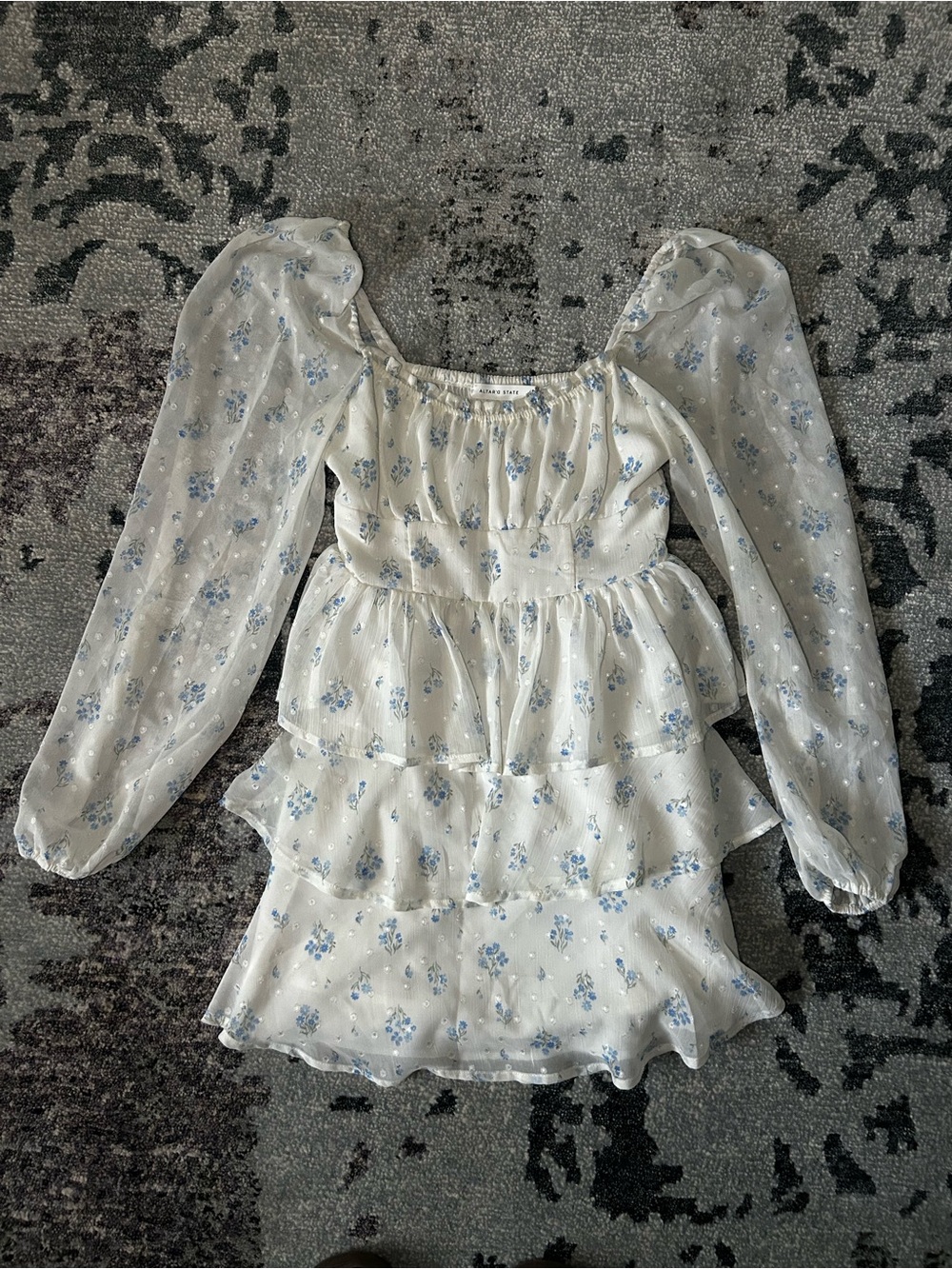 Altar'd State White Tiered Dress with Blue Floral Sprigs